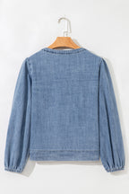 Oakley Tied Front Long Puff Sleeve Denim Top