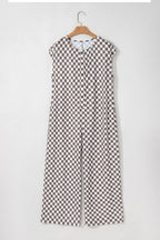 Paisley Checkered Buttoned Crew Neck Wide Leg Jumpsuit