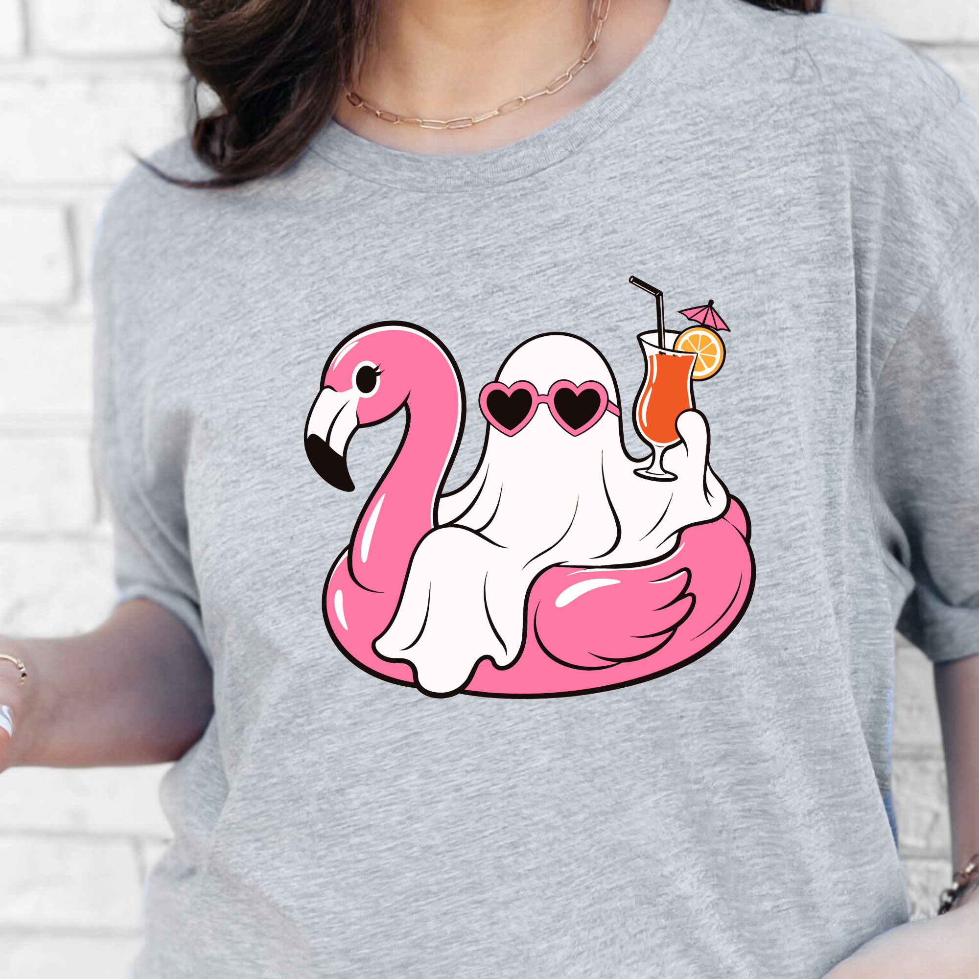 Wholesale Ghost with Pink Flamingo Graphic Tee - Grey