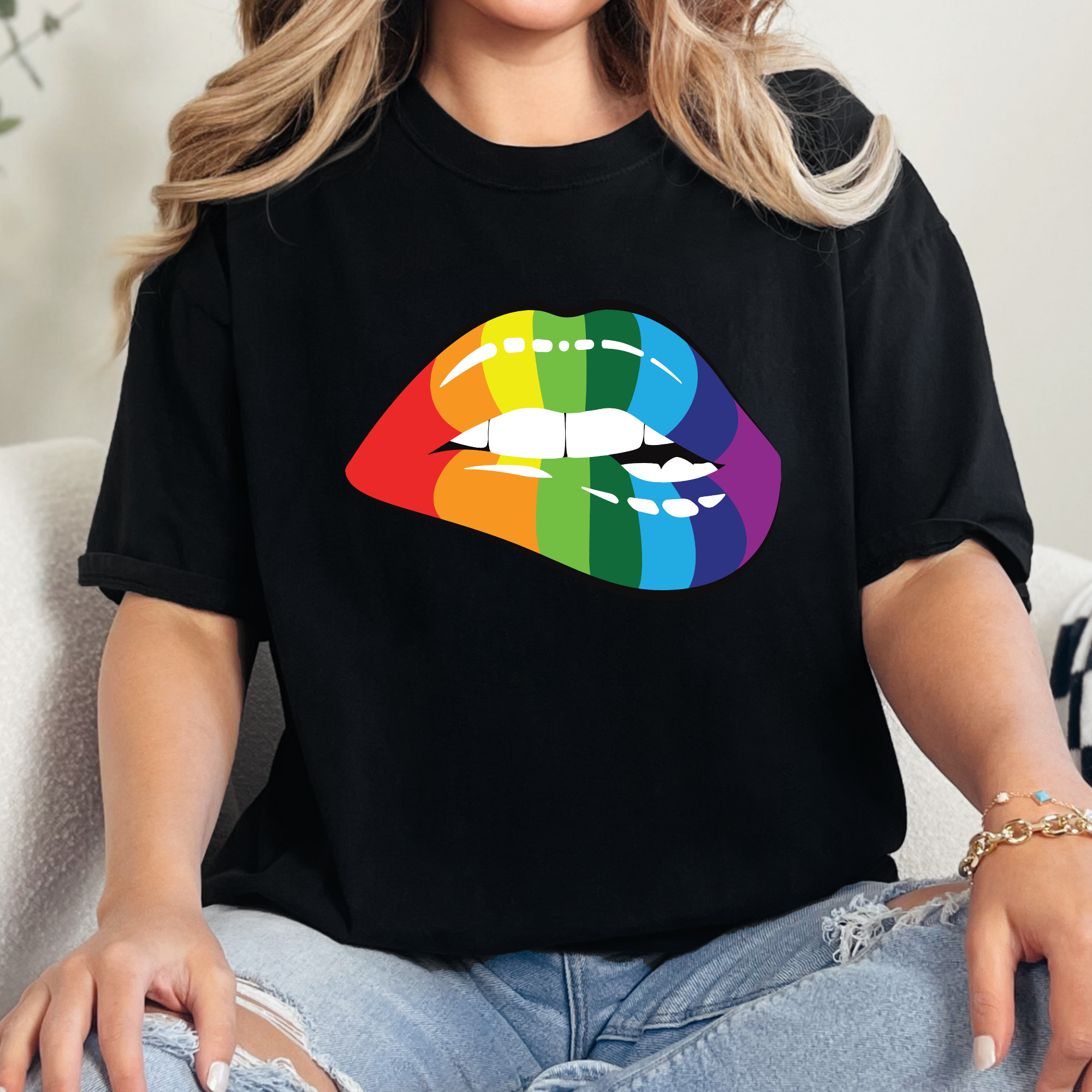 Wholesale Rainbow Lips Graphic Tee - Black Tee