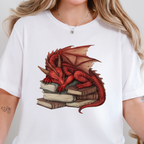 Wholesale Dragon Sleeping on Books Graphic Tee - Red Dragon on White