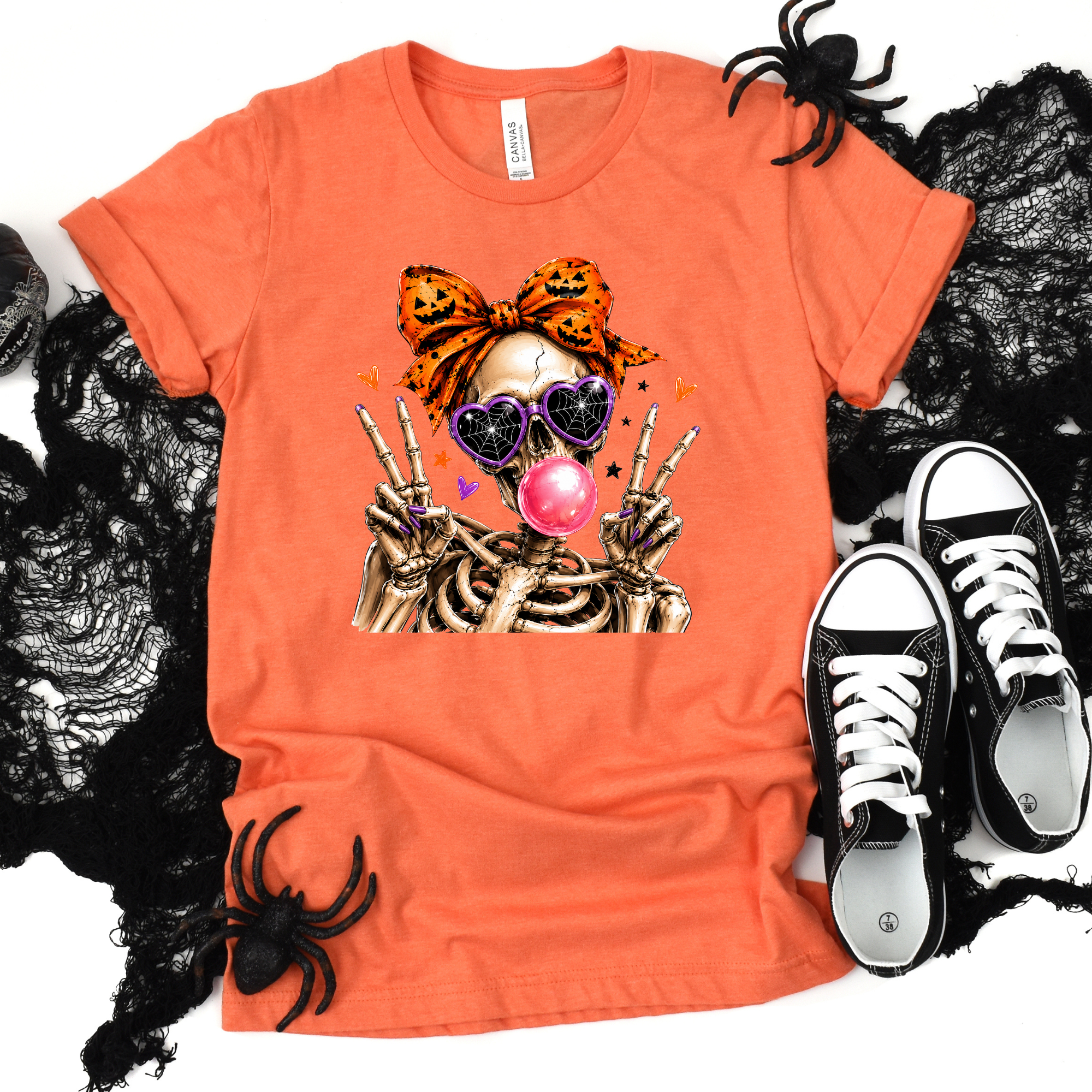 Wholesale Cute Skeleton Halloween Graphic Tee - Heather Orange