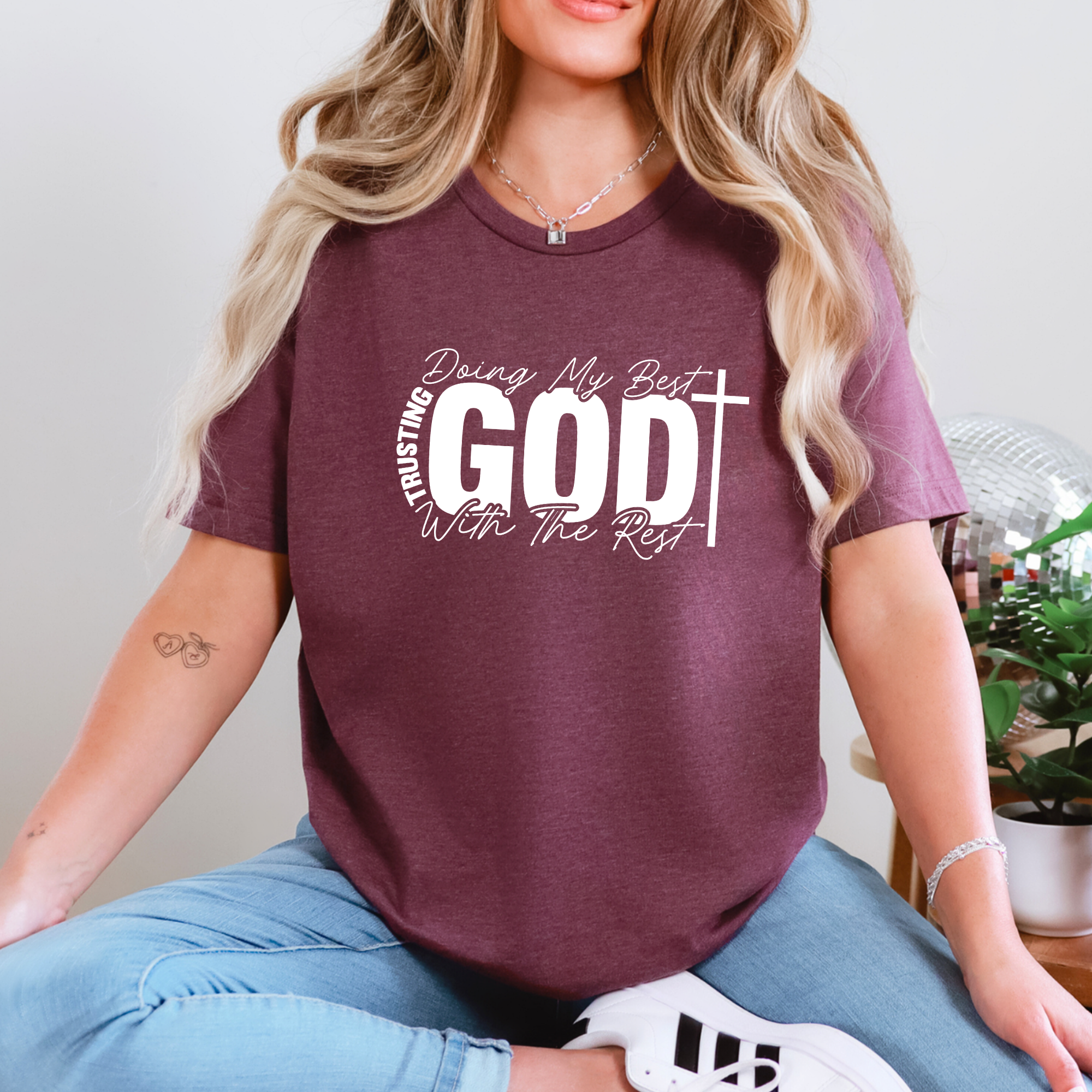 Wholesale Trusting God With the Rest Graphic Tee - Heather Maroon Tee