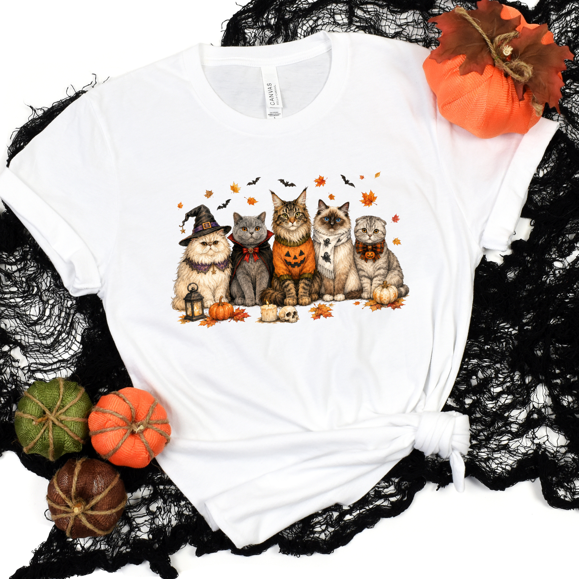 Wholesale Cute Halloween Cats Graphic Tee - White