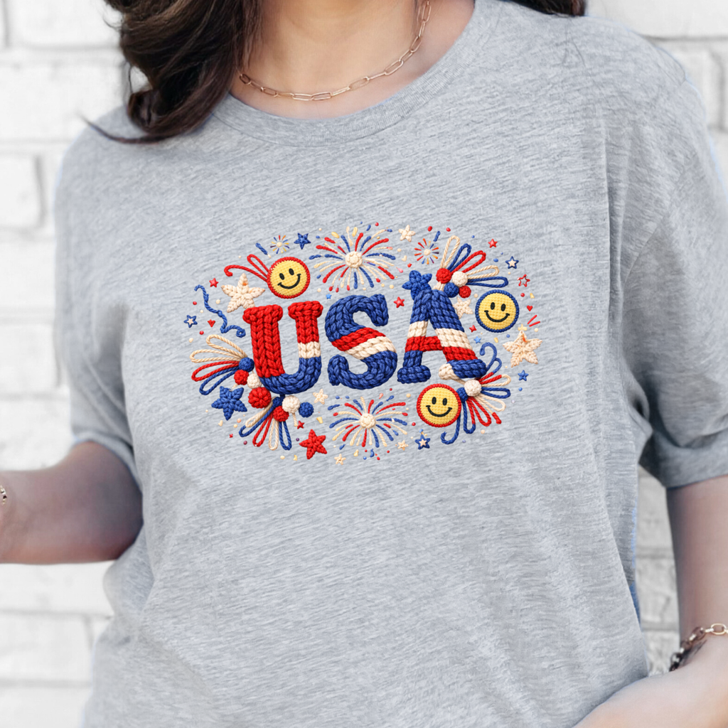 Wholesale Faux Yarn USA Fireworks Graphic Tee - Grey Tee