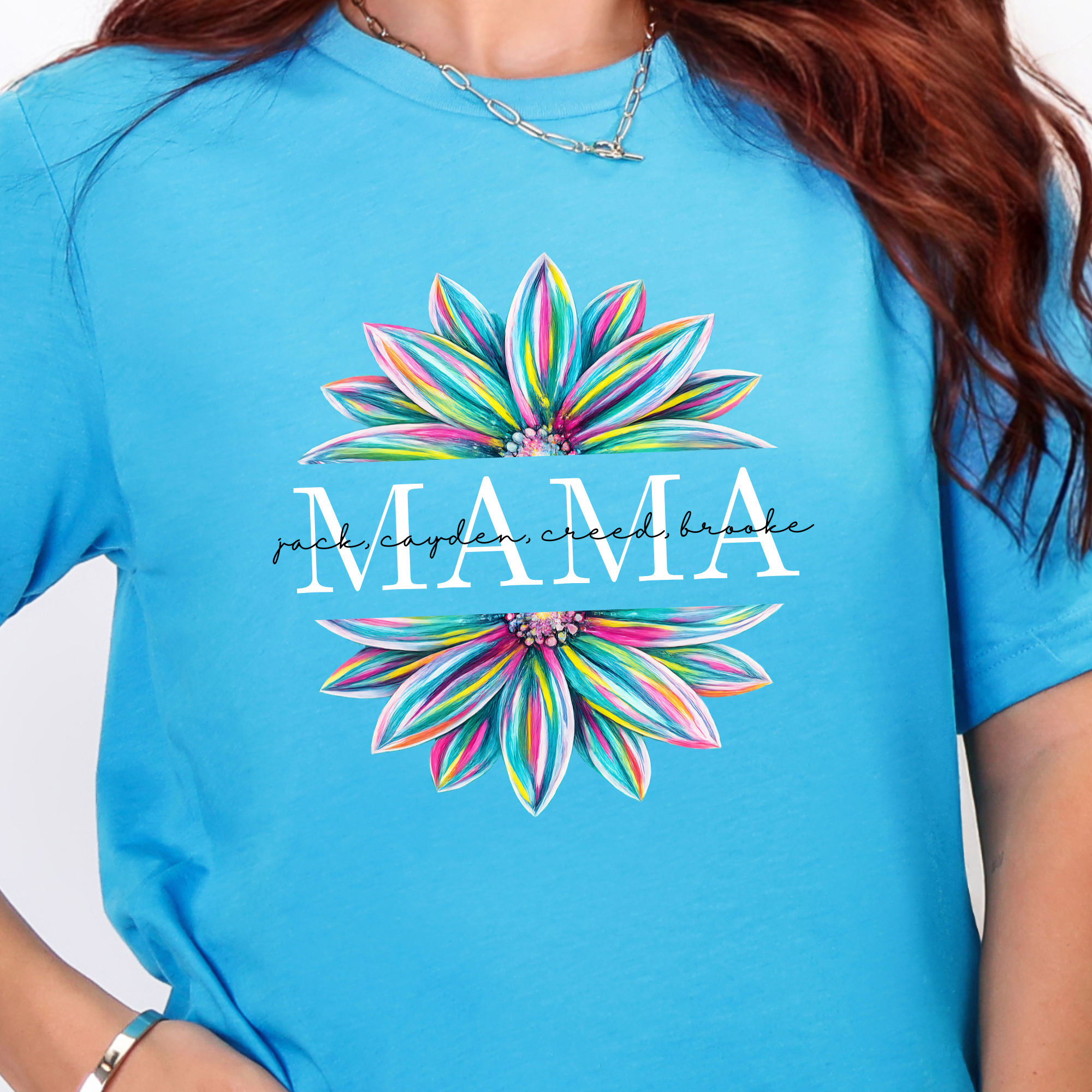 Wholesale Custom Floral Mama with Names Graphic Tee - Heather Aqua Tee