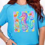 Wholesale Preppy Summer Seahorse Graphic Tee - Heather Aqua