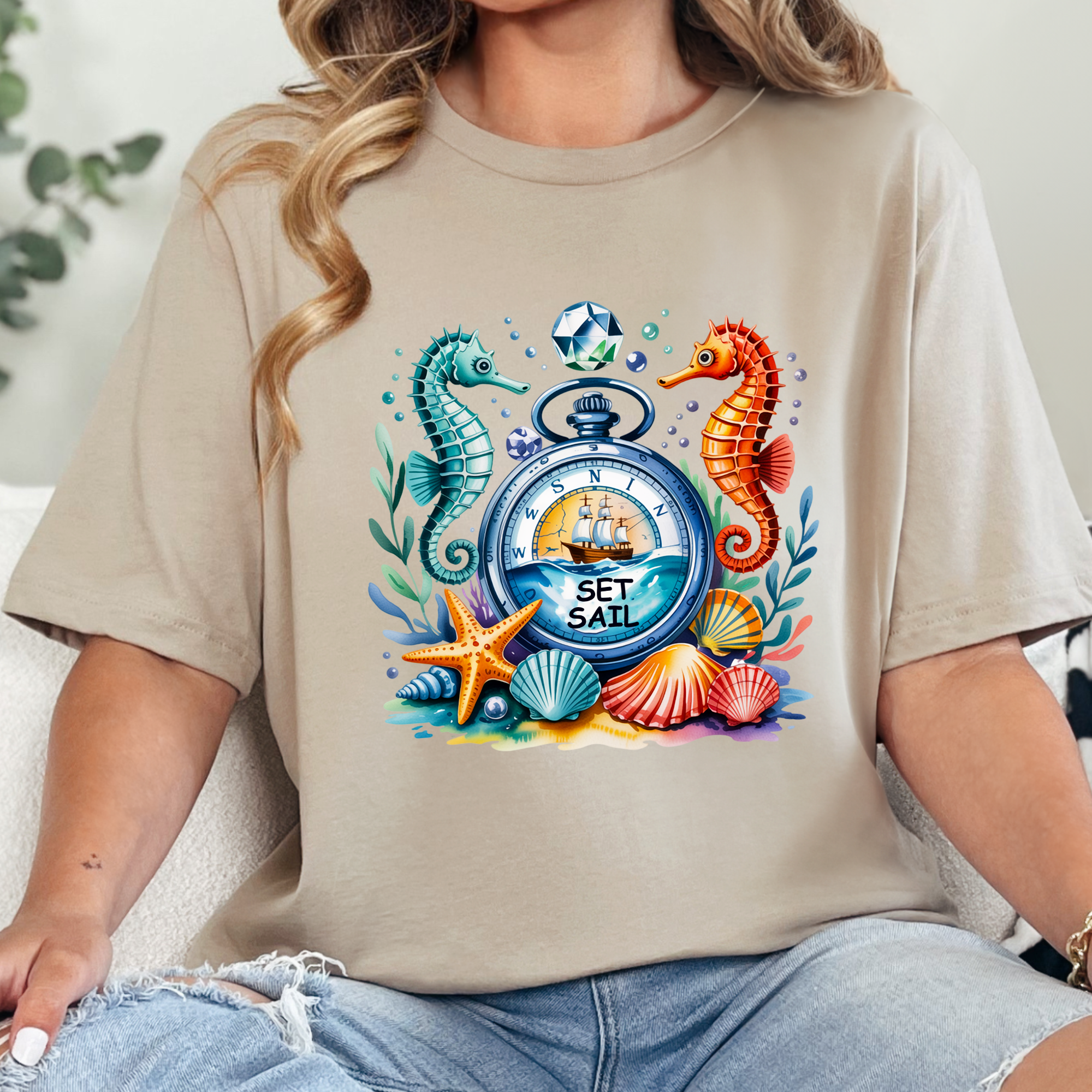 Wholesale Nautical Compass Graphic Tee - Tan Tee
