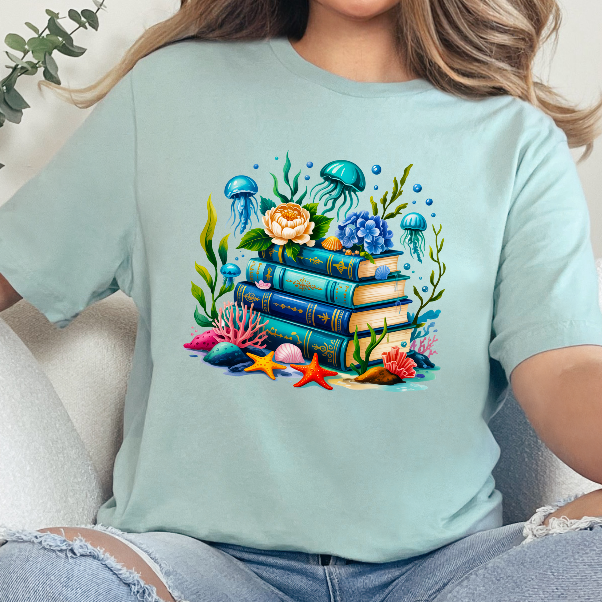 Wholesale Nautical Floral Books Graphic Tee - Dusty Blue Tee