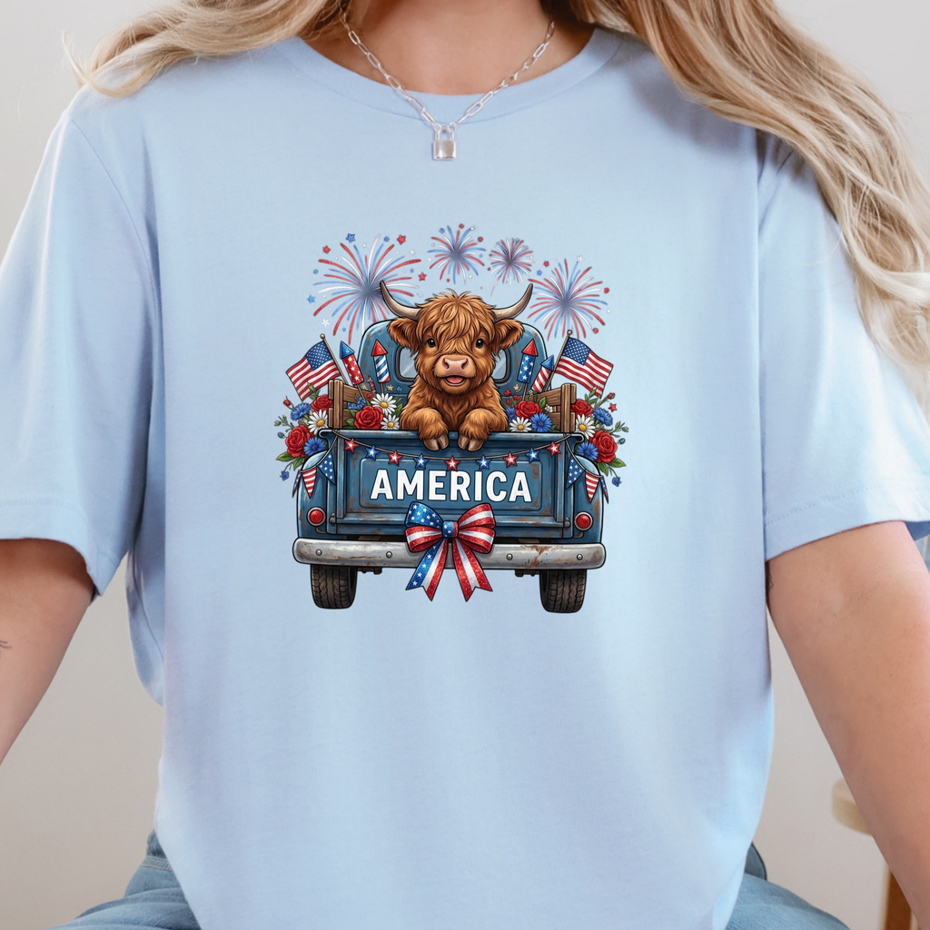 Wholesale Highland Cow America Truck Graphic Tee - Baby Blue Tee