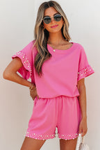 Honey Textured Pearled Ruffle Sleeve 2 Piece Set