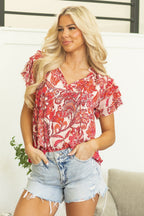 Raina Vintage Floral Ruffle Sleeve V Neck Blouse