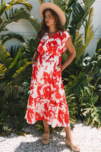 Scarlett Floral Trimmed V Neck Ruffle Sleeve Long Dress