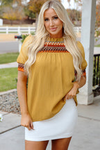 Jazlyn Geometric Short Puff Sleeve Frilled Blouse