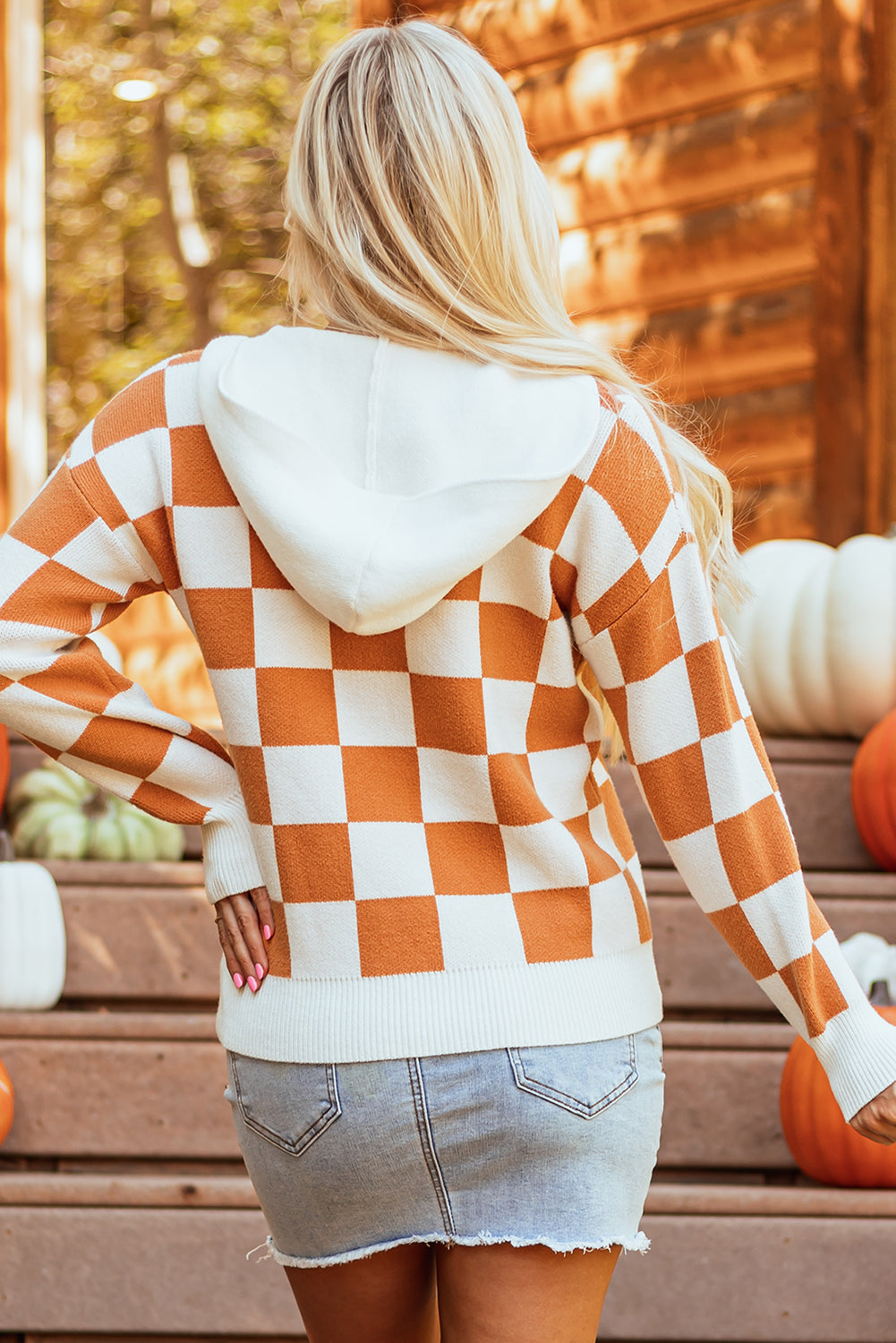 Lila Checkered Kangaroo Pocket Hooded Sweater