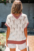 Isla Embroidered Flowers Colorblock Edge Hollowed Sweater