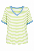 Dani- Blue Trim and Neon Green Striped V Neck Tee