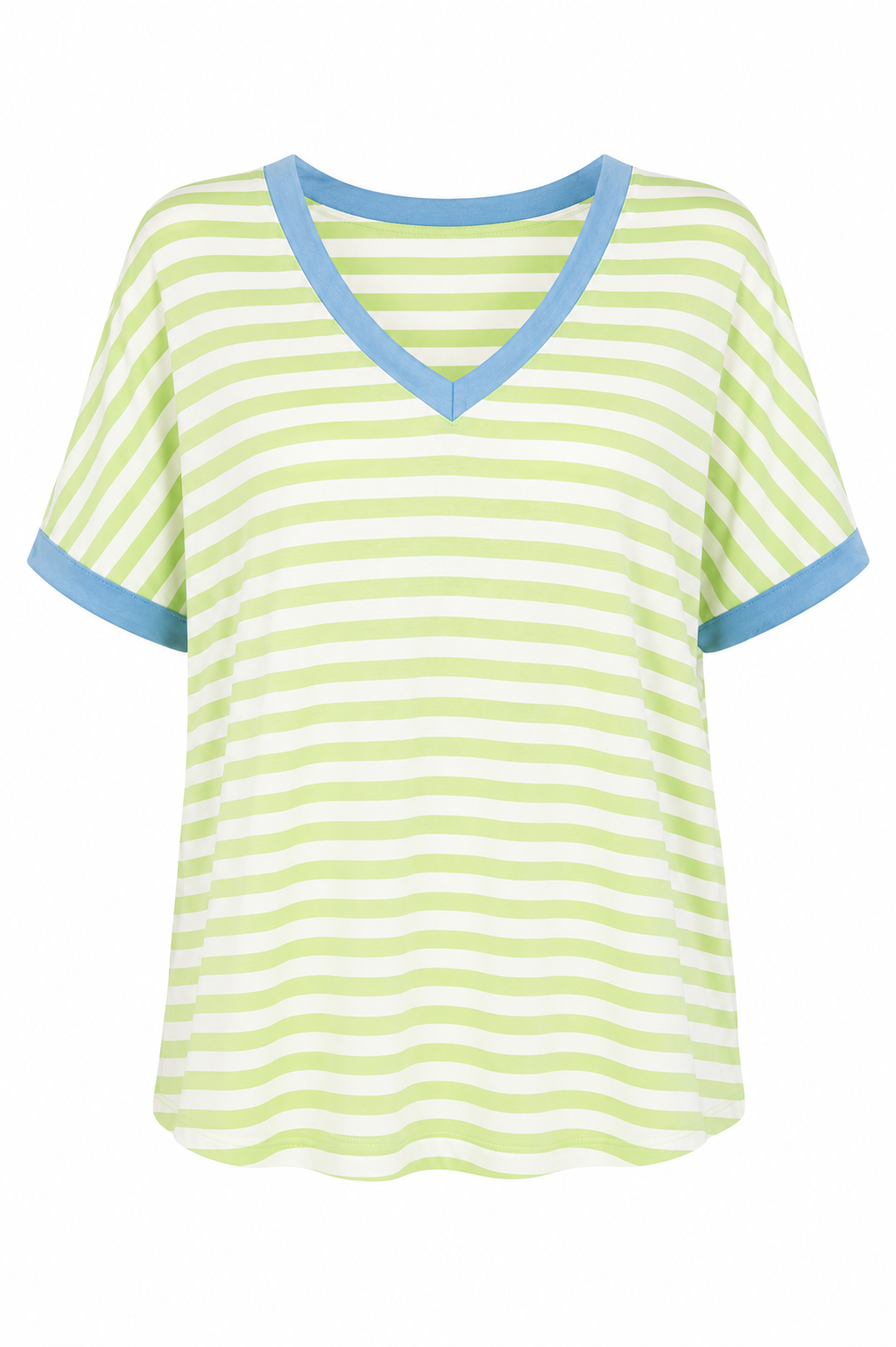 Dani- Blue Trim and Neon Green Striped V Neck Tee