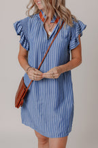 Leah Stripe Frilly Split Neck Shirred Ruffle Sleeve Dress