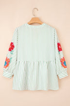 Ashley Stripe Flower Puff Sleeve V Neck Babydoll Blouse