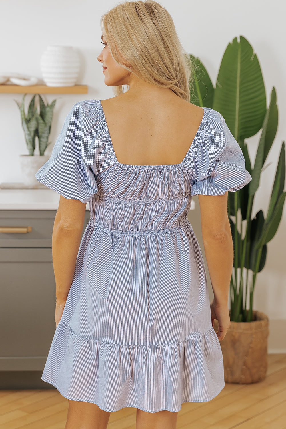 Monica Stripe Bubble Sleeve Ruched Pocketed Babydoll Dress