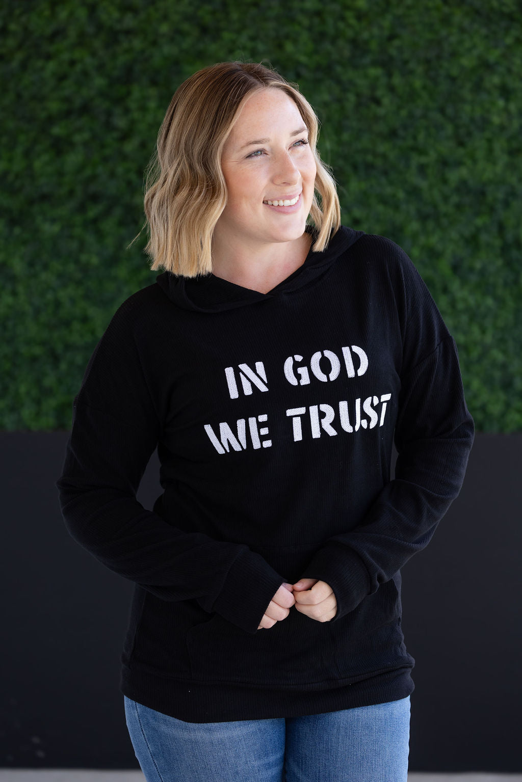 IN STOCK Corrine Embroidered Hoodie - In God We Trust FINAL SALE