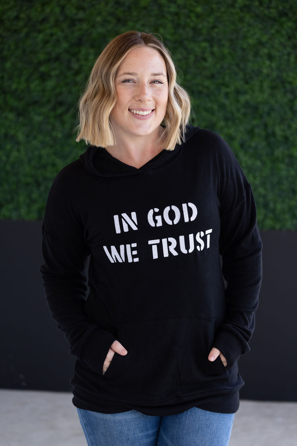 IN STOCK Corrine Embroidered Hoodie - In God We Trust FINAL SALE