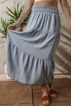 Lisa Tiered Smocked High Waist Denim Maxi Skirt