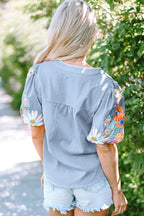 Hadlee Floral Embroidered Puff Sleeve Split Neck Blouse