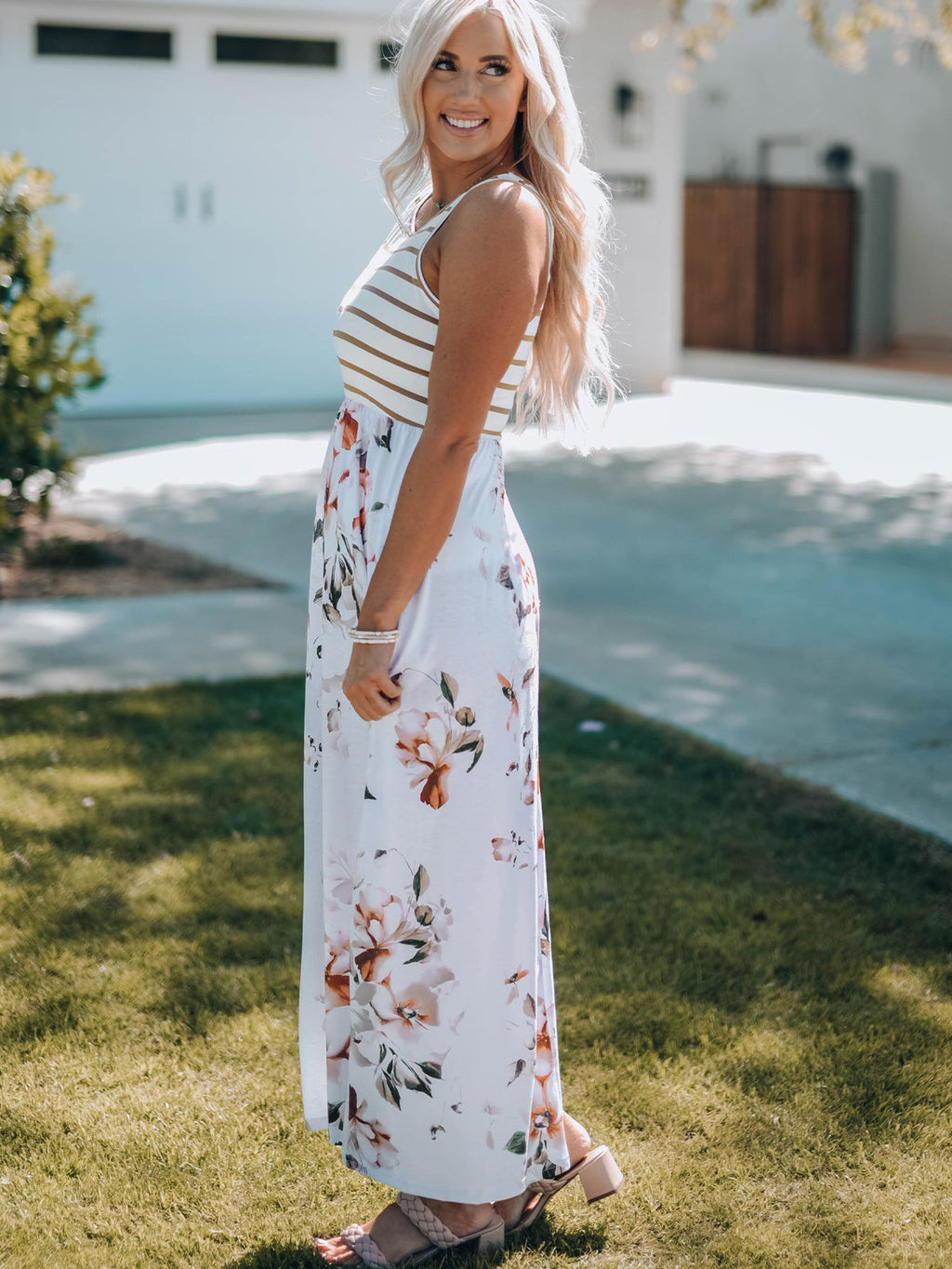 Zora Striped Floral Sleeveless Maxi Dress with Pocket