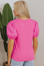 Shiloh Ribbed Pearl Beaded Puff Sleeve Top