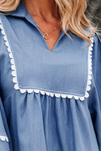Nevaeh Lace Ric Rac 3/4 Puff Sleeve Collared Babydoll Blouse