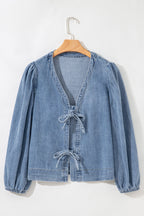 Oakley Tied Front Long Puff Sleeve Denim Top