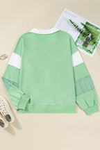 Moonlight Jade Color Block Striped Patchwork Collar V Neck Plus Size Sweatshirt