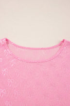 Pink Plus Size Bow Embroidered Mesh Long Sleeve Top
