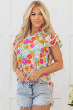 Leslie Floral Shirred Tiered Ruffled Sleeve Blouse