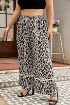 Khaki Exposed Seam Patched Pocket Plus Size Drawstring Leopard Wide Leg Pants