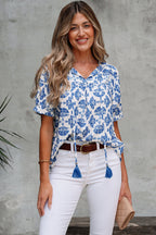 Grace Geometric Tassel Drawstring V Neck Blouse