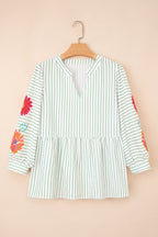 Ashley Stripe Flower Puff Sleeve V Neck Babydoll Blouse