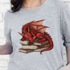 Wholesale Dragon Sleeping on Books Graphic Tee - Red Dragon on Grey
