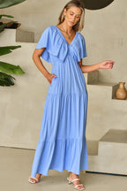Kelsey Textured Flutter Sleeve Ruffled Maxi Dress