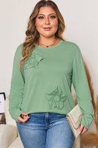 Grass Green Flower Applique Mineral Wash Plus Size Top