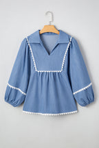 Nevaeh Lace Ric Rac 3/4 Puff Sleeve Collared Babydoll Blouse