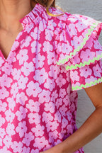 Capri Floral Ric Rac Ruffle Sleeve Blouse