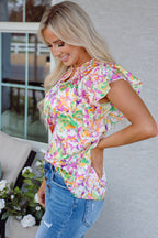 Savanna Ruffled Short Sleeve Notched Neck Blouse