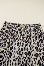 Khaki Exposed Seam Patched Pocket Plus Size Drawstring Leopard Wide Leg Pants