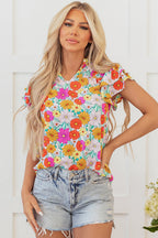Leslie Floral Shirred Tiered Ruffled Sleeve Blouse
