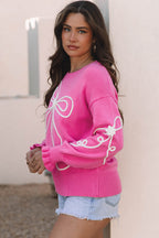 Corded Flower Bow Ribbed Trim Casual Sweater