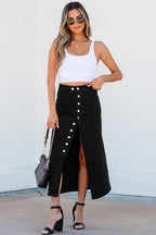 Emberlynn Button Fly Side Split High Waist Denim Midi Skirt