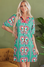 Isabela Butterfly Print Split Neck Short Sleeve Dress